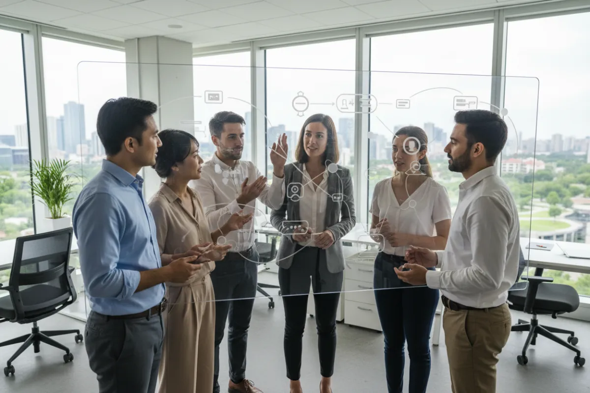 A diverse group of professionals collaborating on a digital whiteboard, sharing educational resources in a modern office with large windows and natural light. The scene emphasizes knowledge sharing and compliance with platform standards.