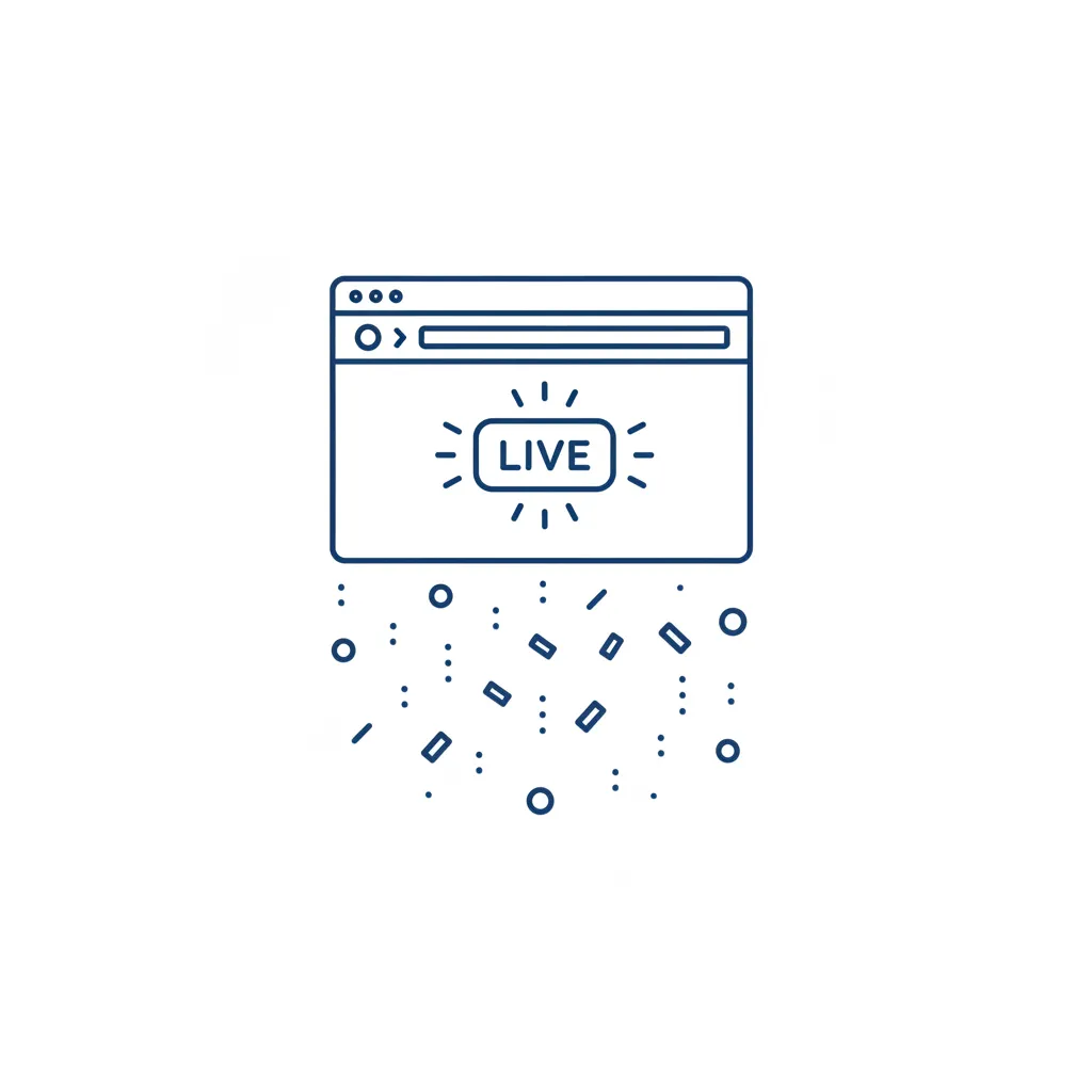 A digital storefront going live with a 'live' badge and confetti