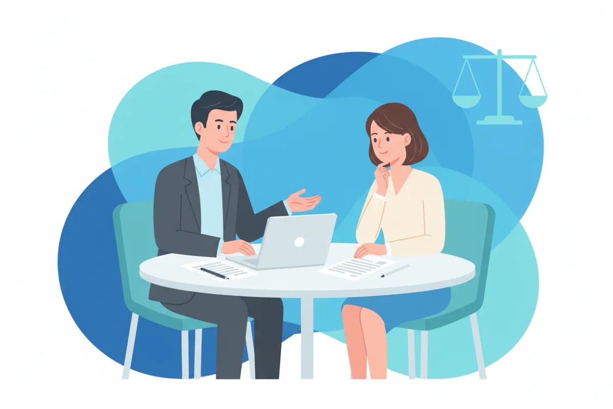 Two business professionals discussing dispute resolution at a table with documents and a laptop, abstract blue background, calm and constructive mood.