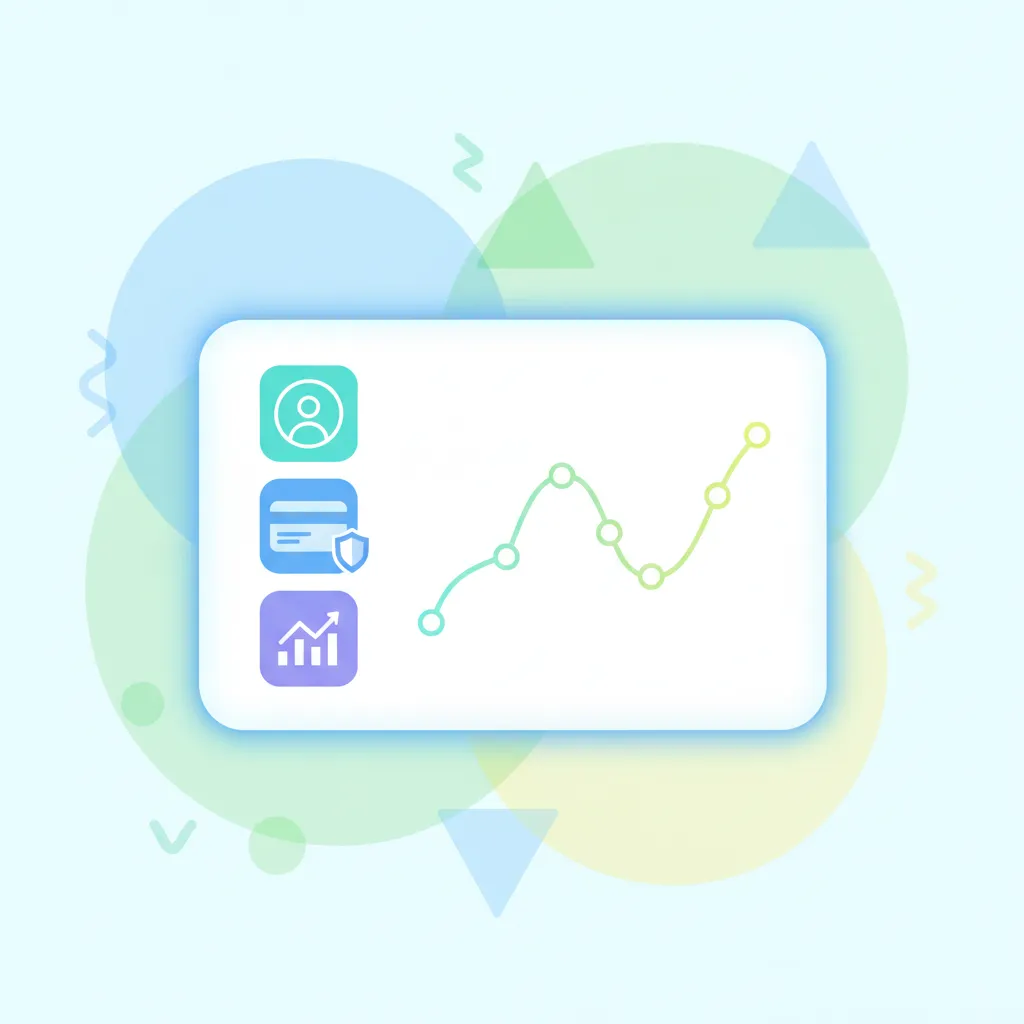 A flat illustration of a secure digital dashboard displaying icons for user profiles, payment, and analytics, with abstract shapes in the background. The scene is bright, modern, and free of people, matching a SaaS aesthetic.