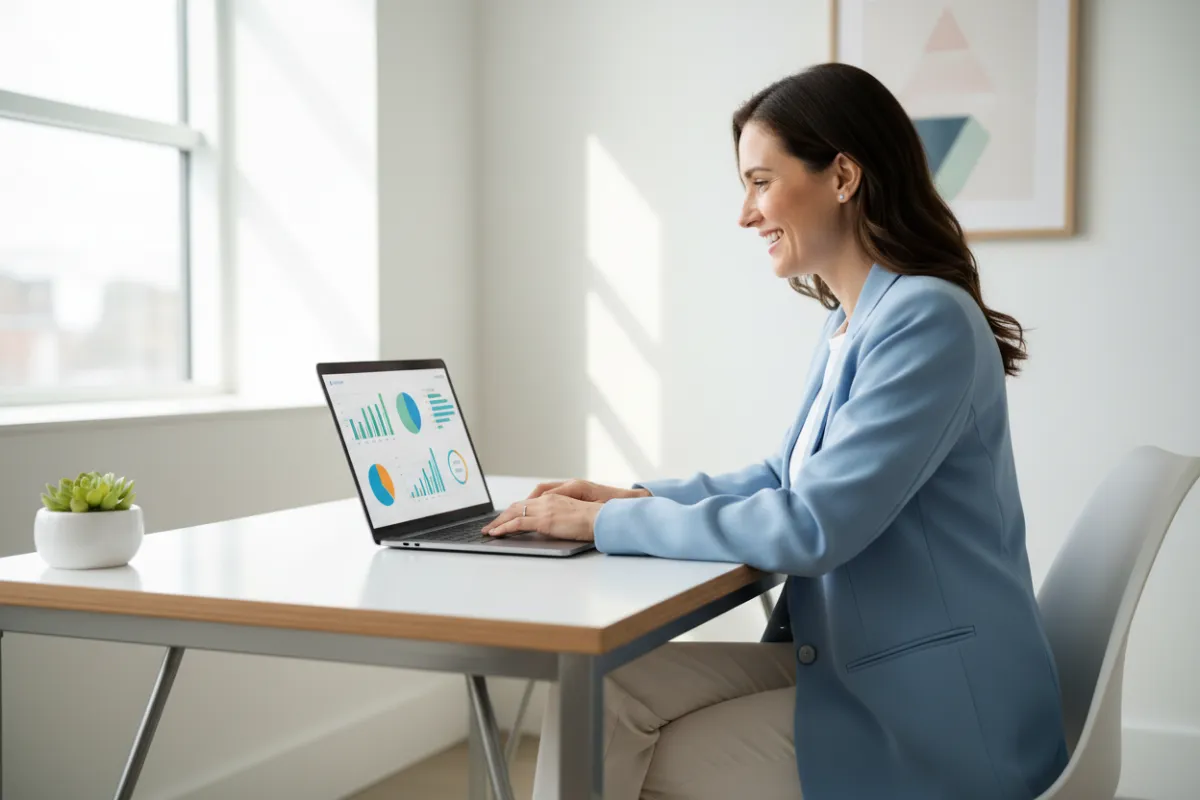 A photorealistic image of a smiling entrepreneur at a modern desk, using a laptop with a digital dashboard on screen. The workspace is bright, with natural light and minimal decor, suggesting productivity and ease of use. The subject appears confident and ready to begin.