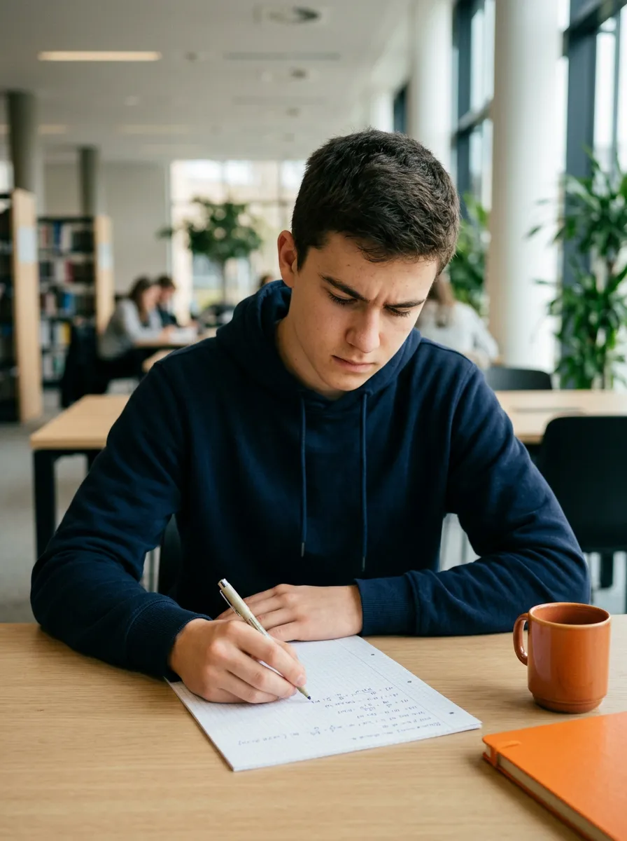 A dedicated student deeply focused while working through an advanced mathematics exam paper in natural light