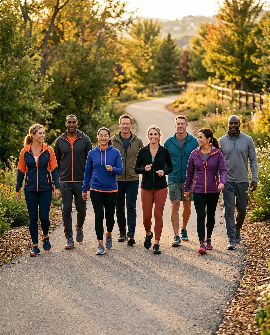 Active adults over 40 walking together outdoors on a sunny suburban trail