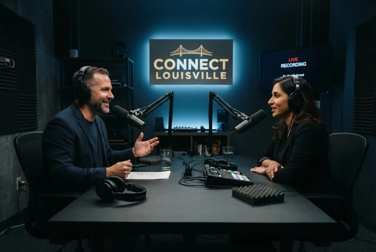 Broadcast studio recording of the Connect Louisville executive podcast