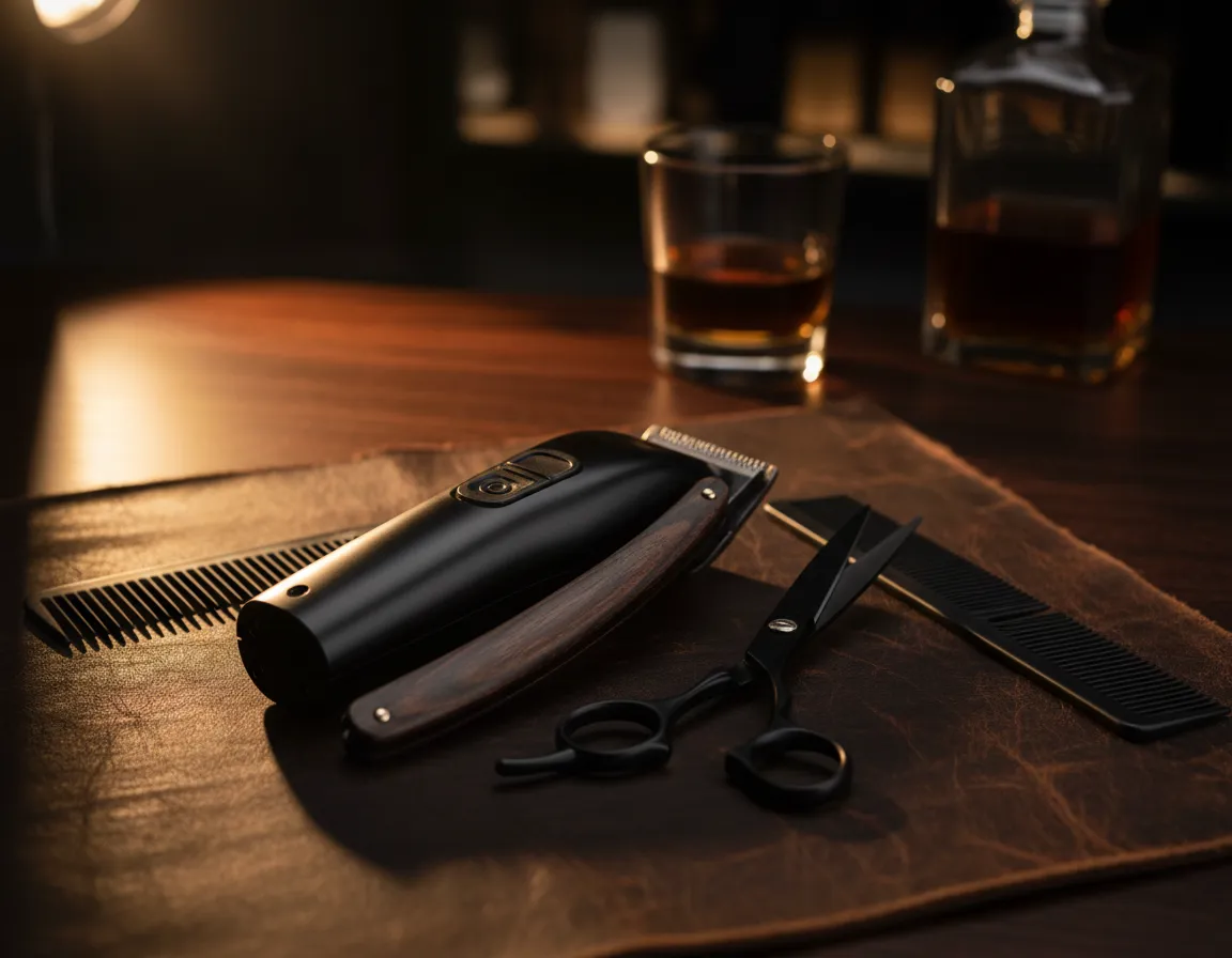 Detail shot of barber tools in a dark speakeasy setting