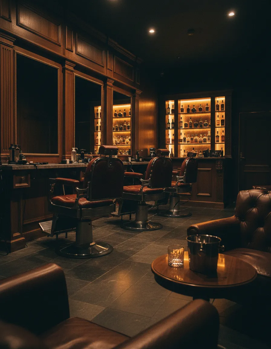 Low-lit luxury barbershop interior with leather chairs and whiskey bar