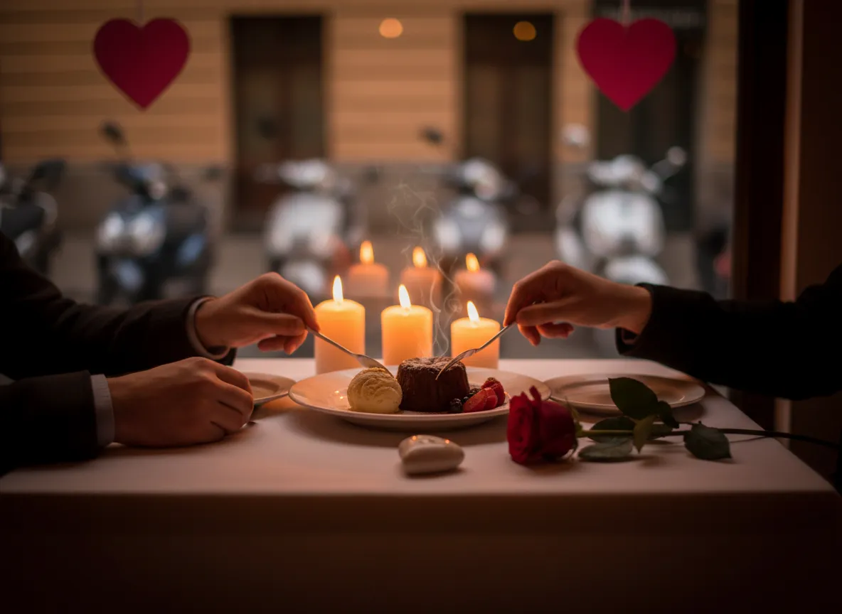 Couple sharing dessert at a cozy cafe during scooter tour