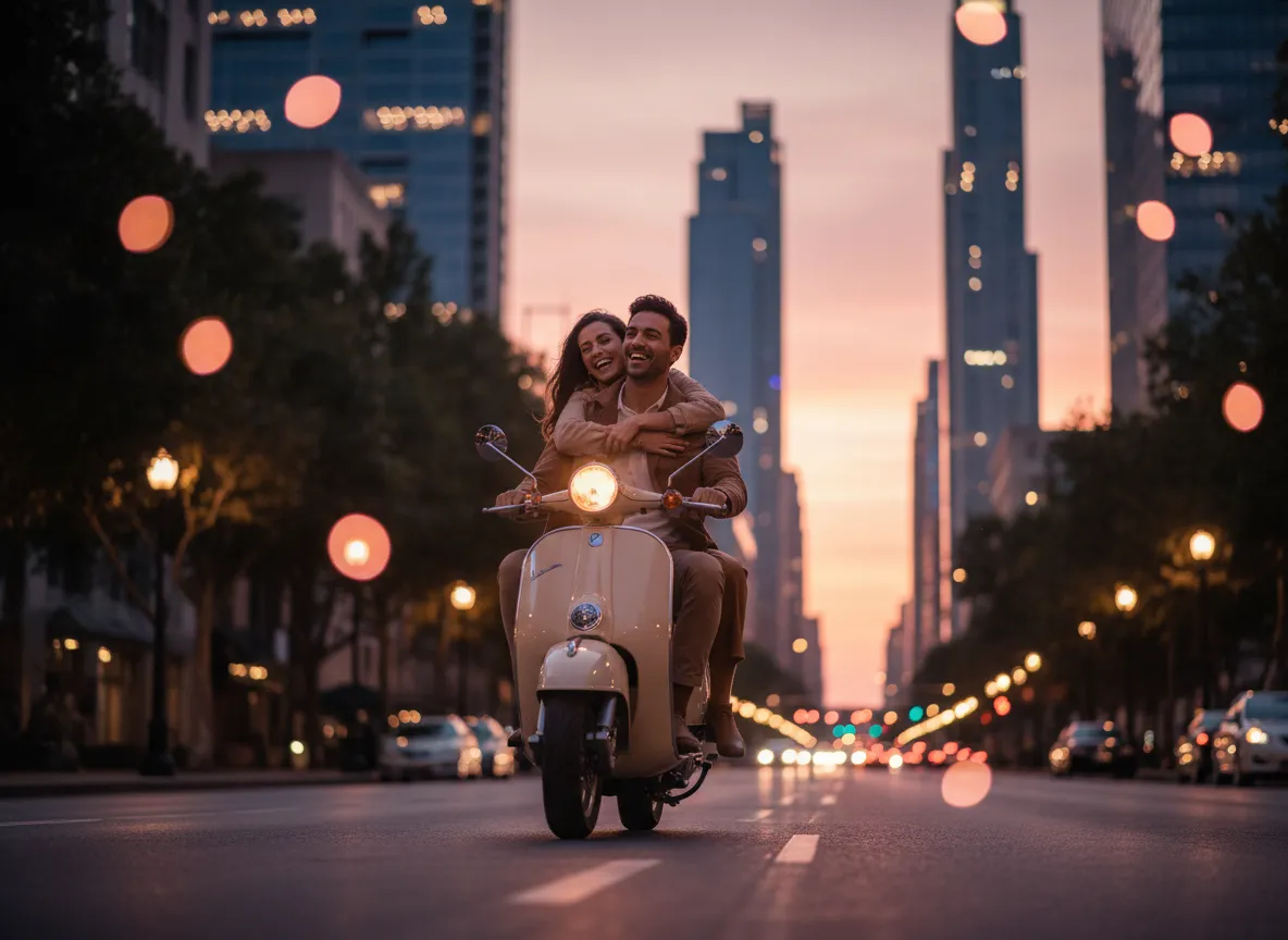 Couple on a scooter at sunset with city lights in the background