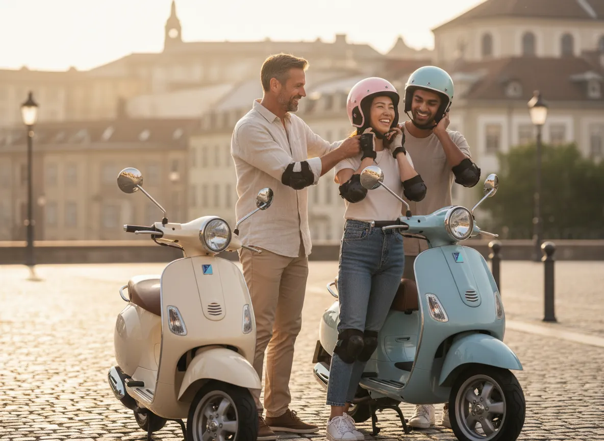 Guide helping couple with helmets next to parked scooters