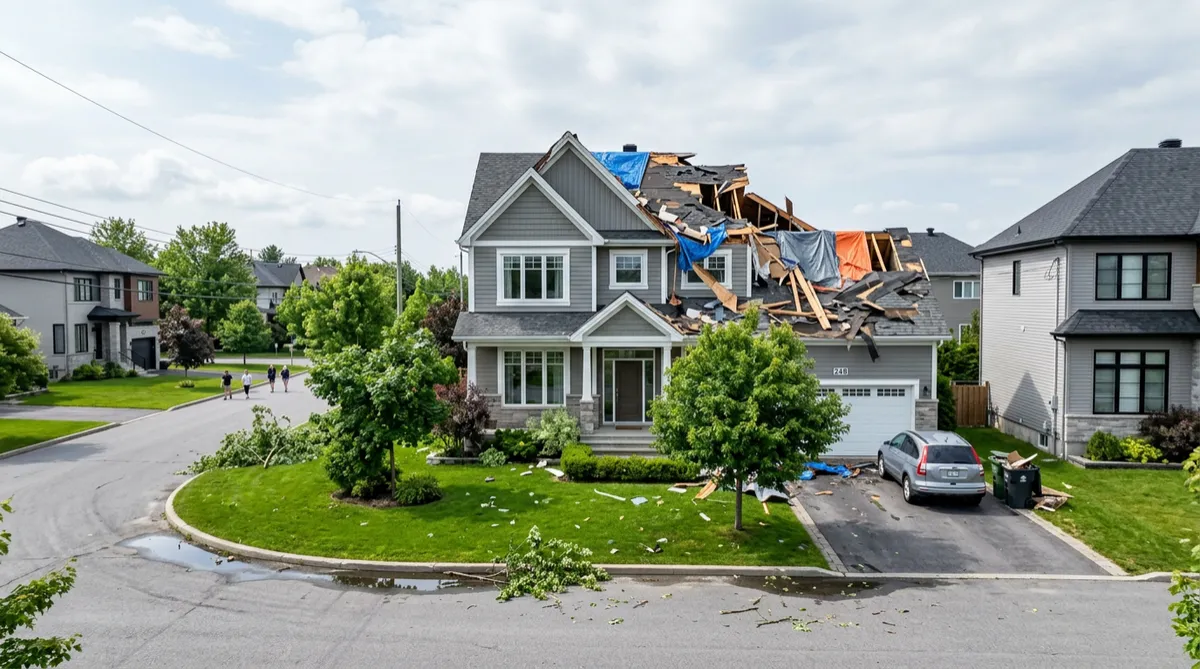 A residential street showing a house with recent storm damage to the roof