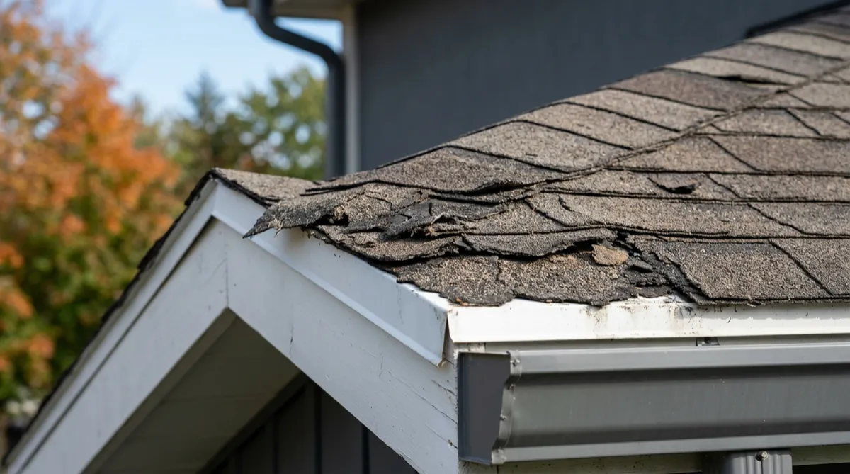 A close-up view of a roof edge showing shingle wear and tear