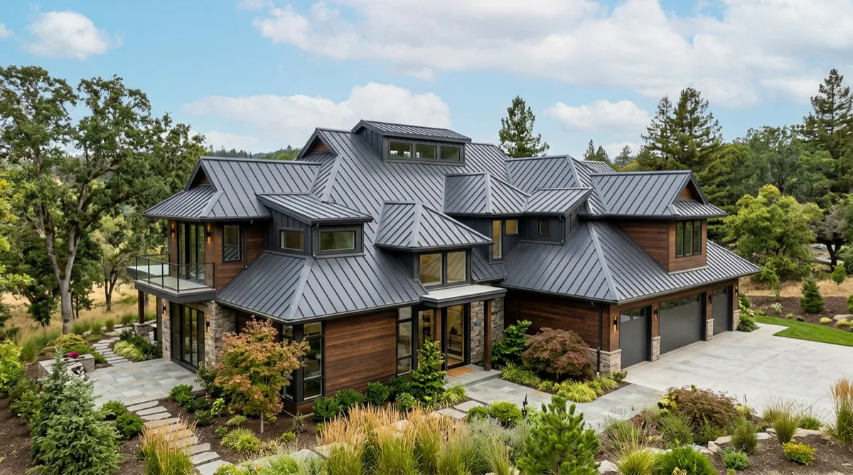 A house with a complex metal roof system featuring multiple pitches and dormers