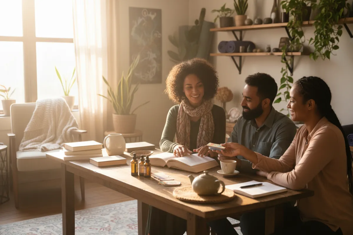Warm, candid photograph of a small supportive practitioner group in a cozy studio, diverse practitioners sharing resources around a table, natural window light, photorealistic and welcoming atmosphere.