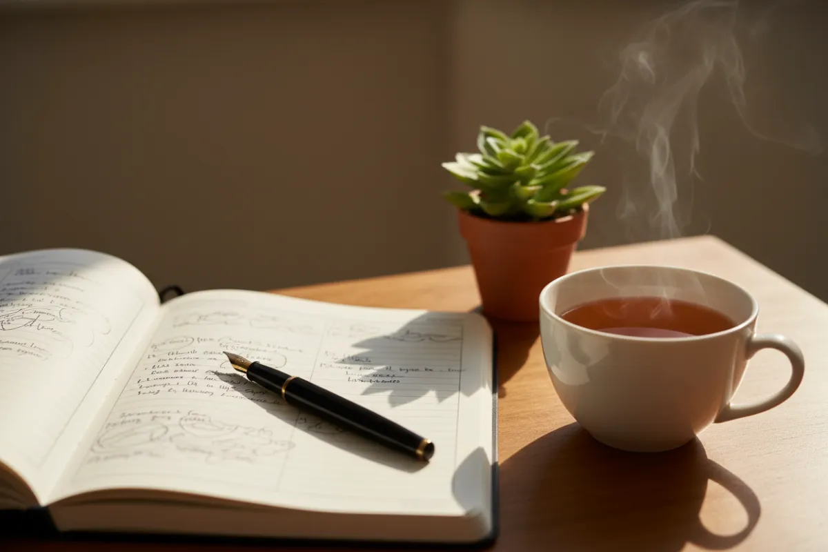 Close-up of a planning notebook open on a desk with handwritten session notes, a pen, soft morning light, a cup of tea, and a small plant — photorealistic, warm tones that convey careful preparation and professional calm.