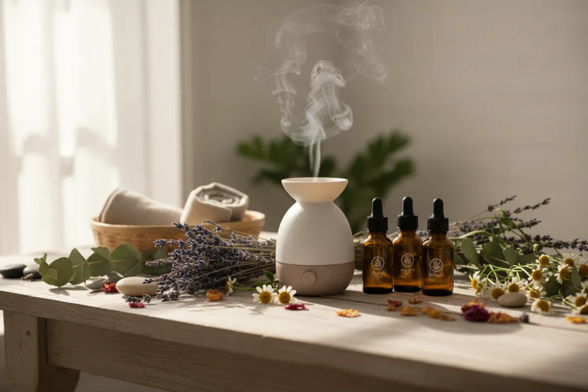 Natural wellness scene with essential oils, dried botanicals and a diffuser on a wooden surface; warm natural window light, soft depth-of-field, photorealistic.