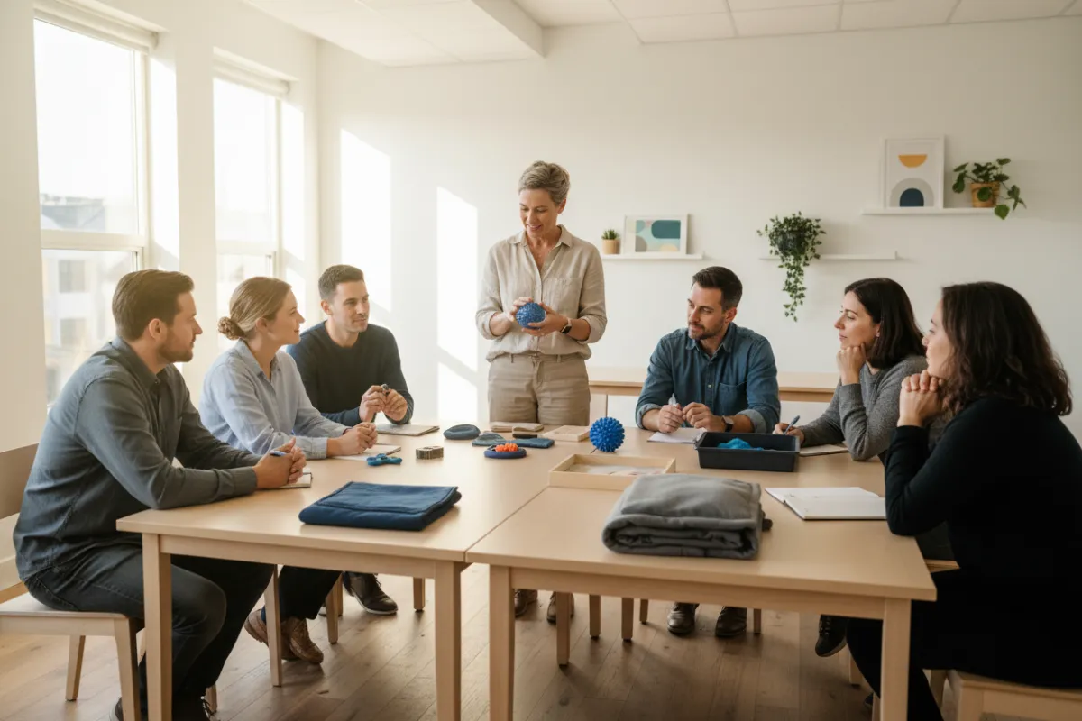 Photorealistic workshop scene showing a mid-career practitioner demonstrating sensory tools to a small group in a bright classroom