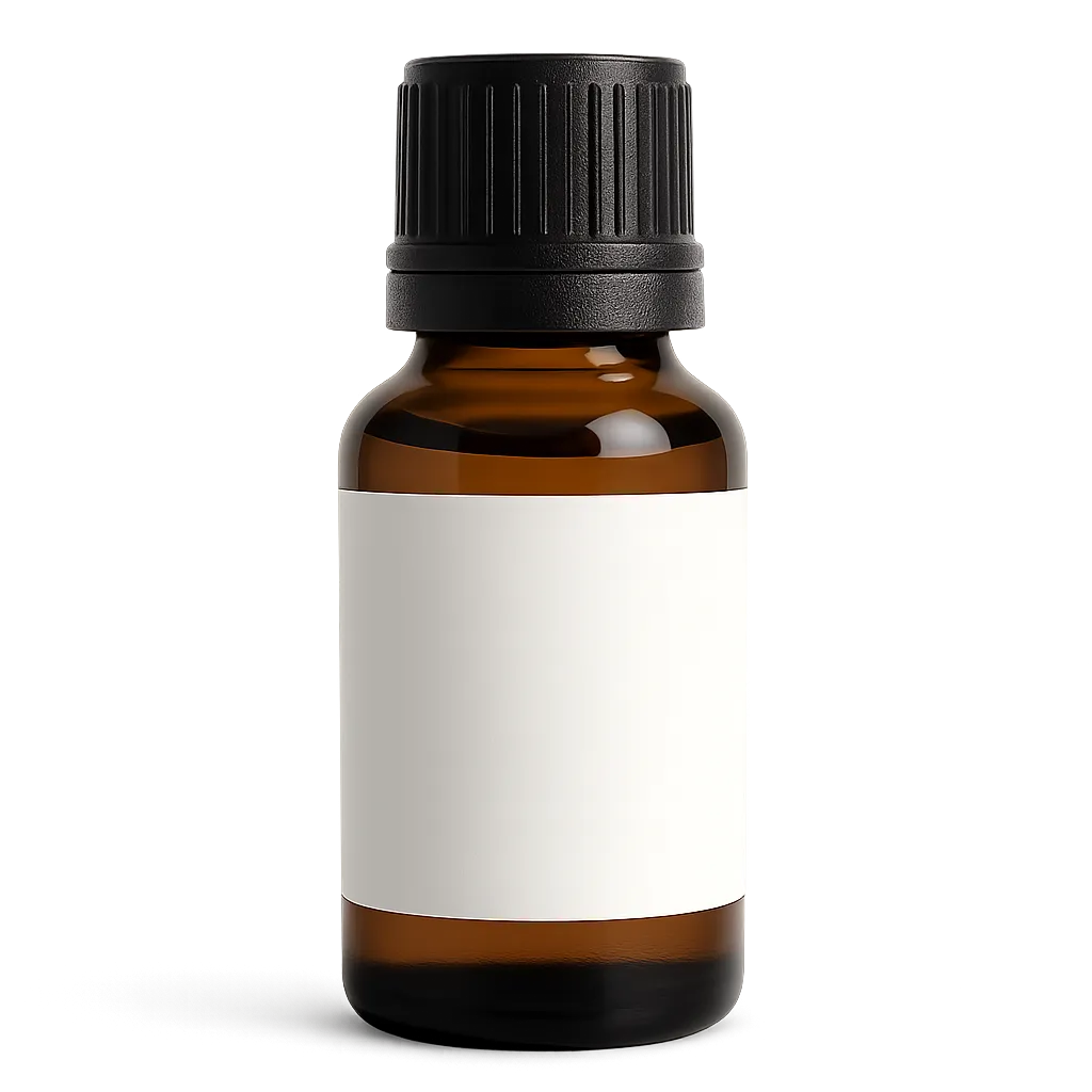 Isolated amber essential-oil bottle with clean label, perfectly isolated on transparent background; studio-lit, shadow-free product shot for hero use.