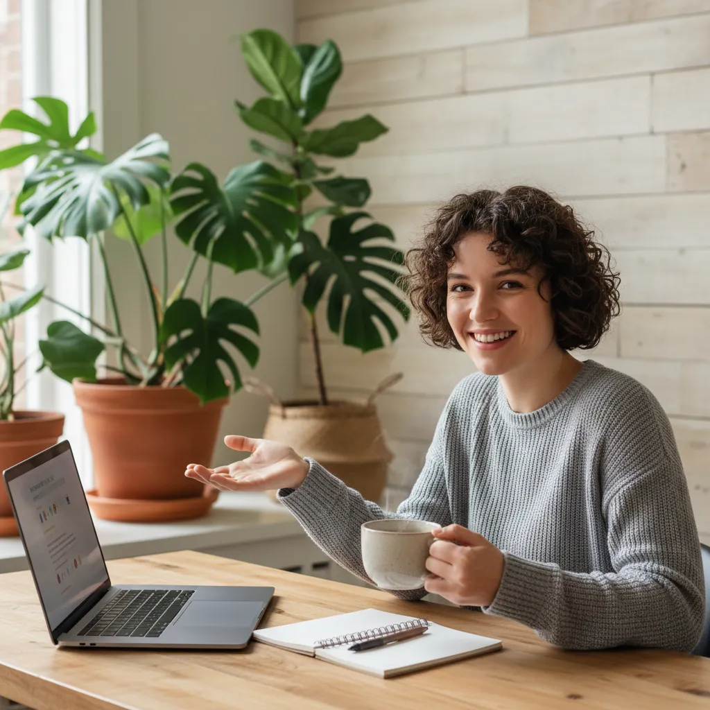 A friendly support team member at a desk, smiling and ready to assist, with a laptop, notepad, and a cup of herbal tea. The setting is bright and welcoming, with plants and natural textures in the background.