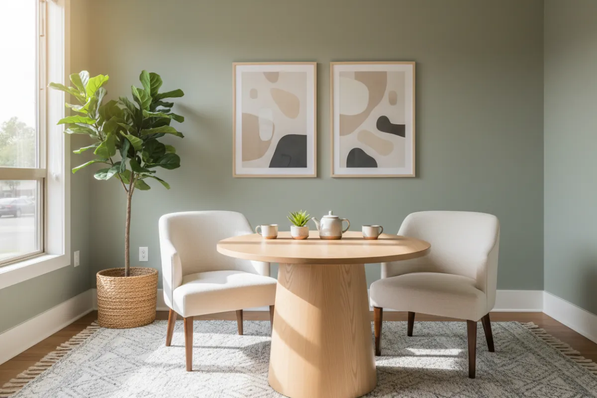 A bright, peaceful consultation room with soft natural light, a wooden table, two comfortable chairs, potted plants, and muted art — photorealistic style emphasizing calm professional atmosphere for sensitive practitioner-client conversations.