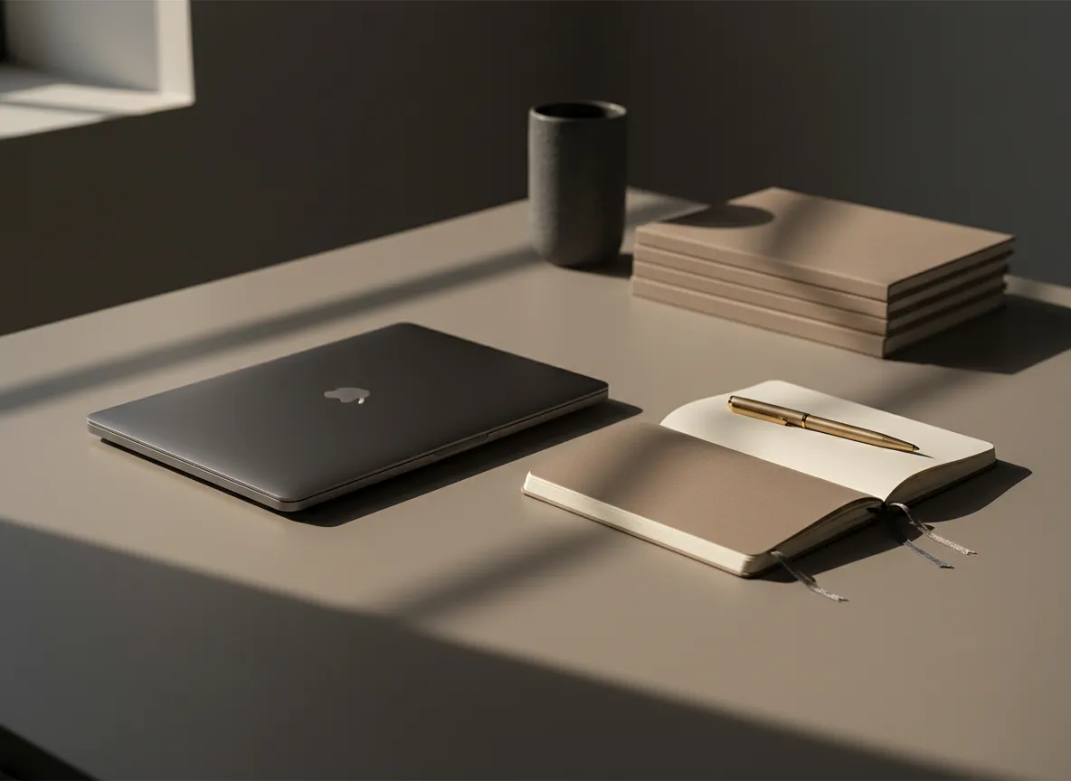 Soft-focus desaturated photography of a modern minimal workspace