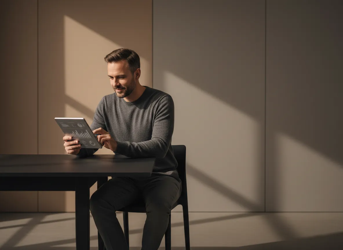 Editorial shot of a relaxed entrepreneur reviewing metrics