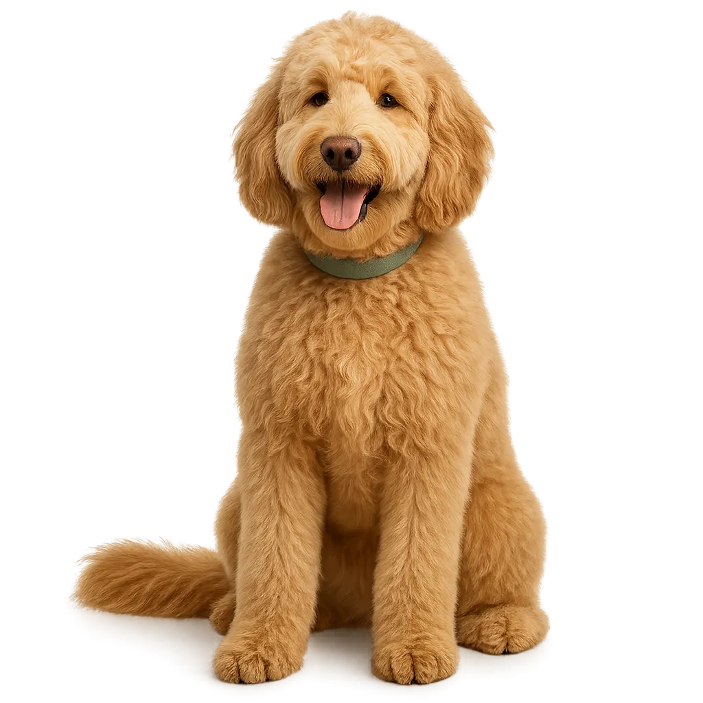 A pristine, fluffy Goldendoodle dog looking relaxed and happy