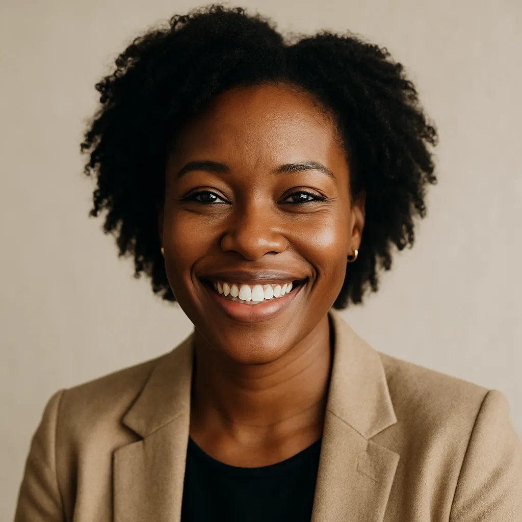 Portrait of Aisha R., smiling entrepreneur