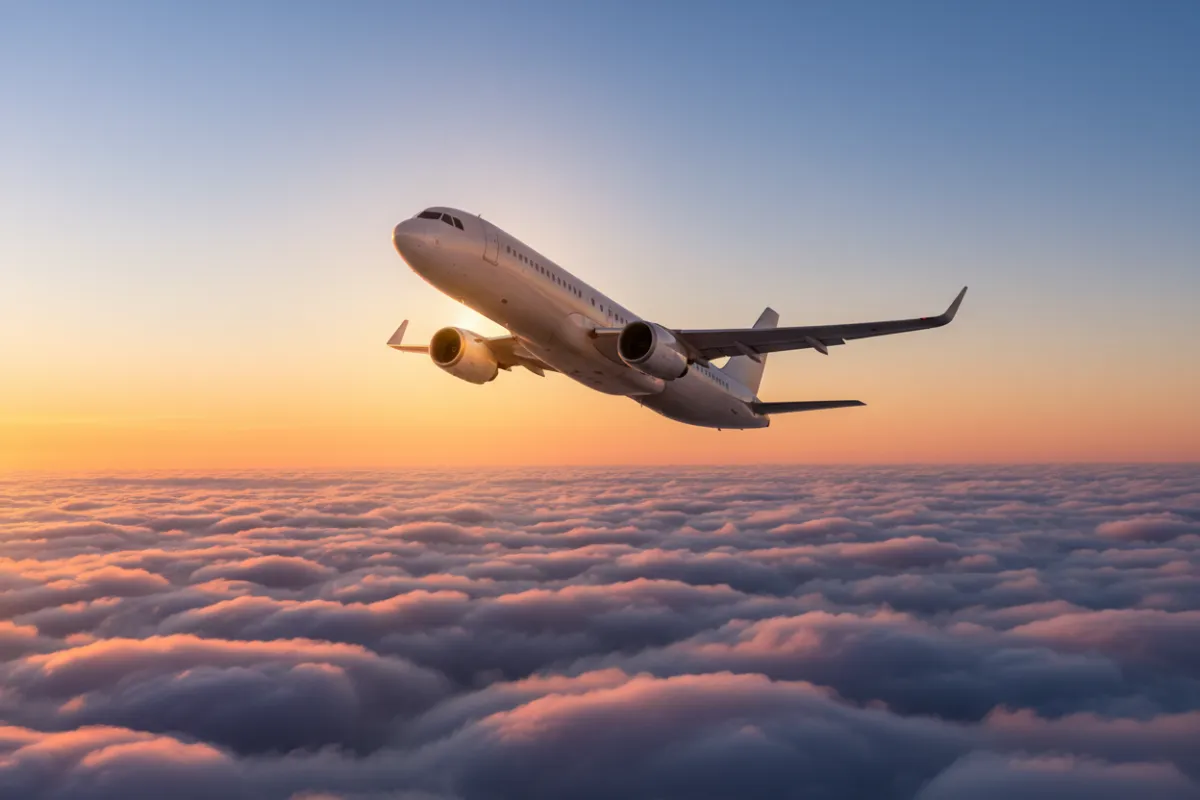 Commercial airplane climbing toward a warm sunset sky over soft clouds.