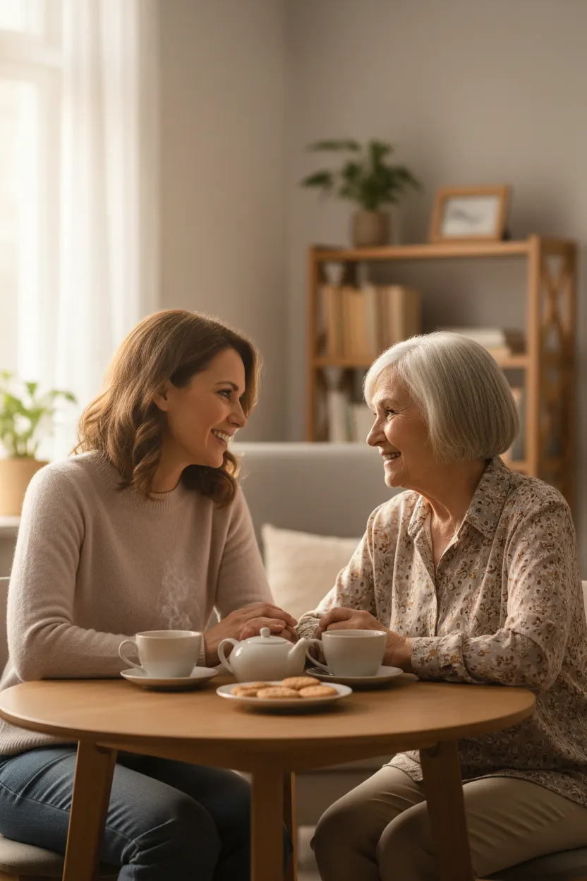 Photorealistic, natural photograph of a daughter (35–45) and her mother (around 70) sitting together in a cozy home interior, holding teacups and speaking warmly, soft natural morning light, shallow depth of field, candid affectionate expressions, realistic photography, no text or logos