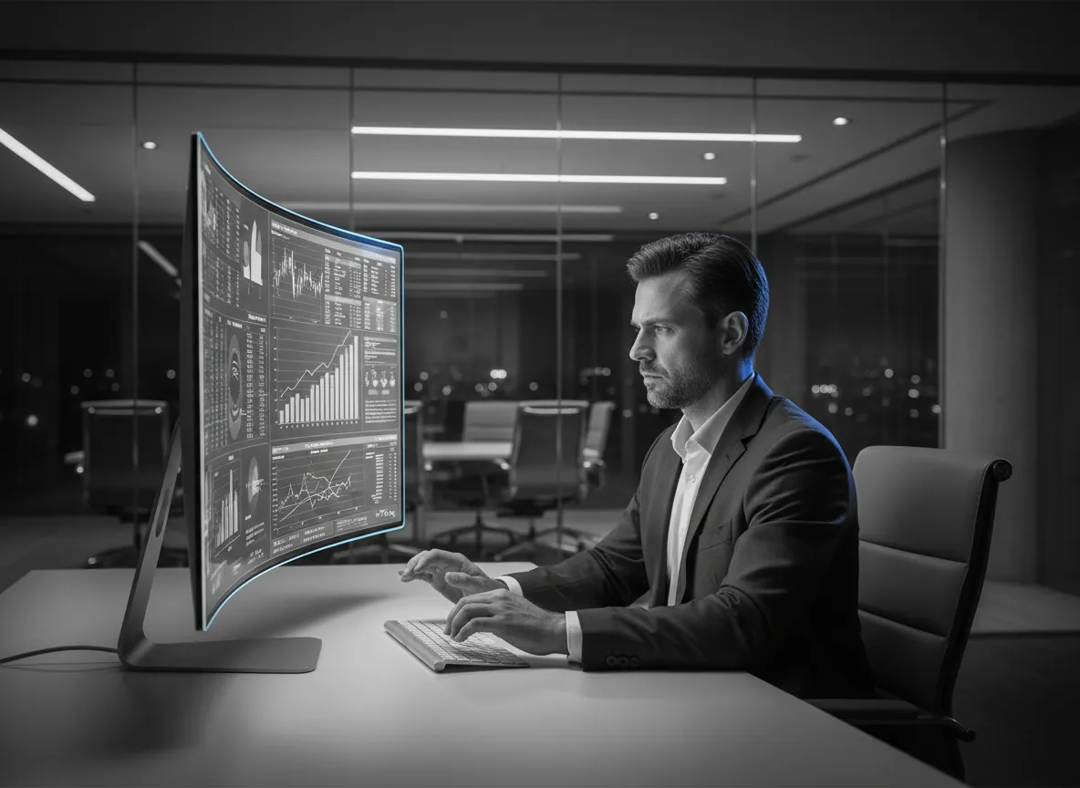 Grayscale enterprise professional analyzing transparent financial reporting with #3584FA highlights