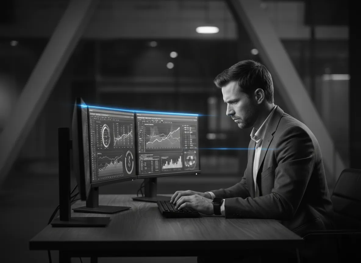 Grayscale enterprise professional reviewing direct bidding data with #3584FA highlights