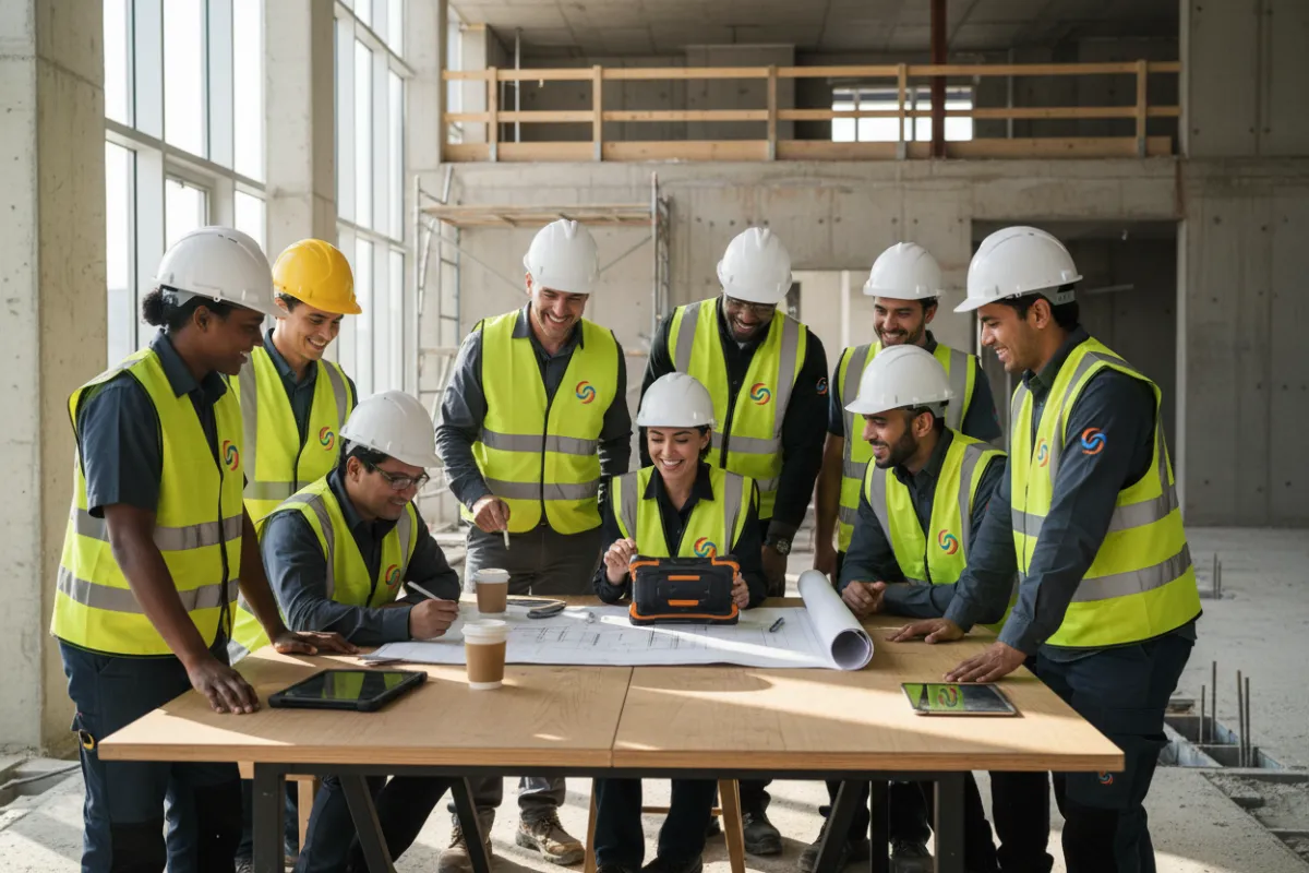 Team of builders from {{ business_name }} collaborating on site