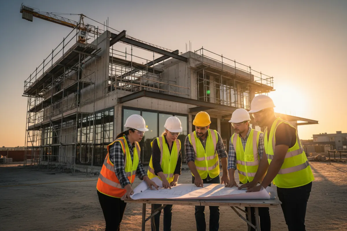 A diverse team of construction workers reviewing blueprints at sunrise on a modern construction site