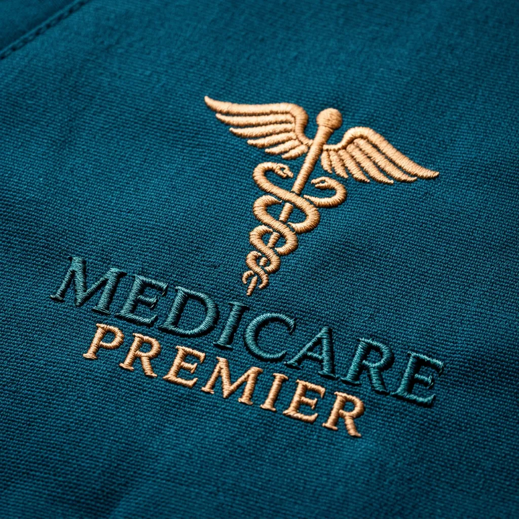 Macro detailed close-up of clinical logo custom embroidery on deep teal medical scrub fabric