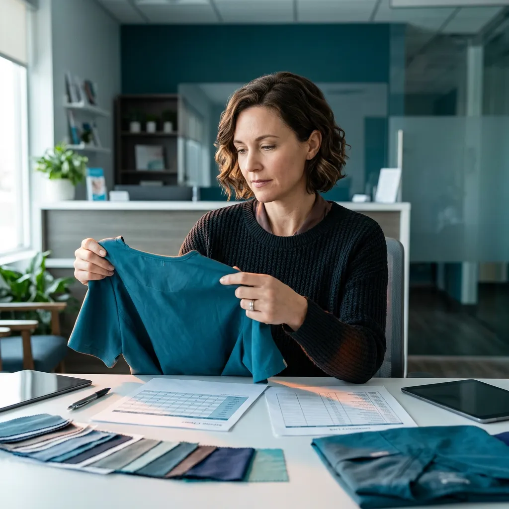 Clinical office manager reviewing uniform inventory and team sizing charts in a modern medical practice