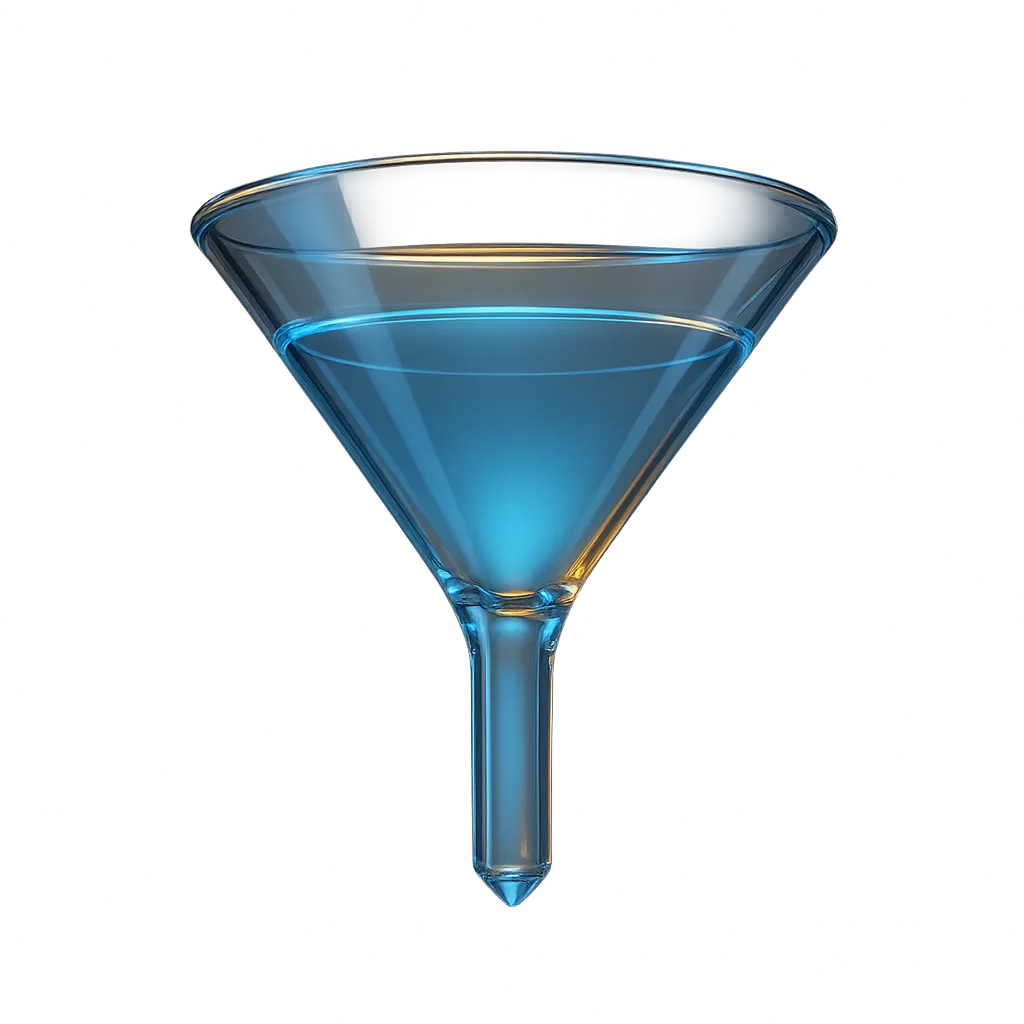 A high-end 3D glass funnel sculpture floating elegantly, internally illuminated with soft primary blue and accent gold lights, representing clarity and conversion