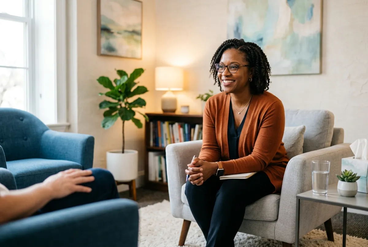 Empathetic therapist in a calm and supportive consultation office