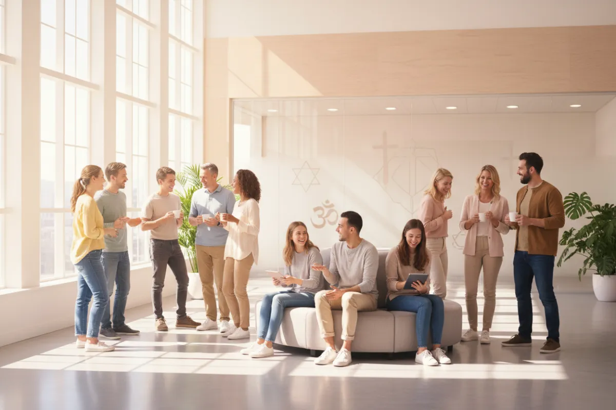 A diverse group of adults and young people, smiling and standing in a sunlit, modern community space with soft pink and white decor, natural light streaming in, and subtle faith-inspired symbols in the background. The group is engaged in friendly conversation, conveying warmth and inclusivity.