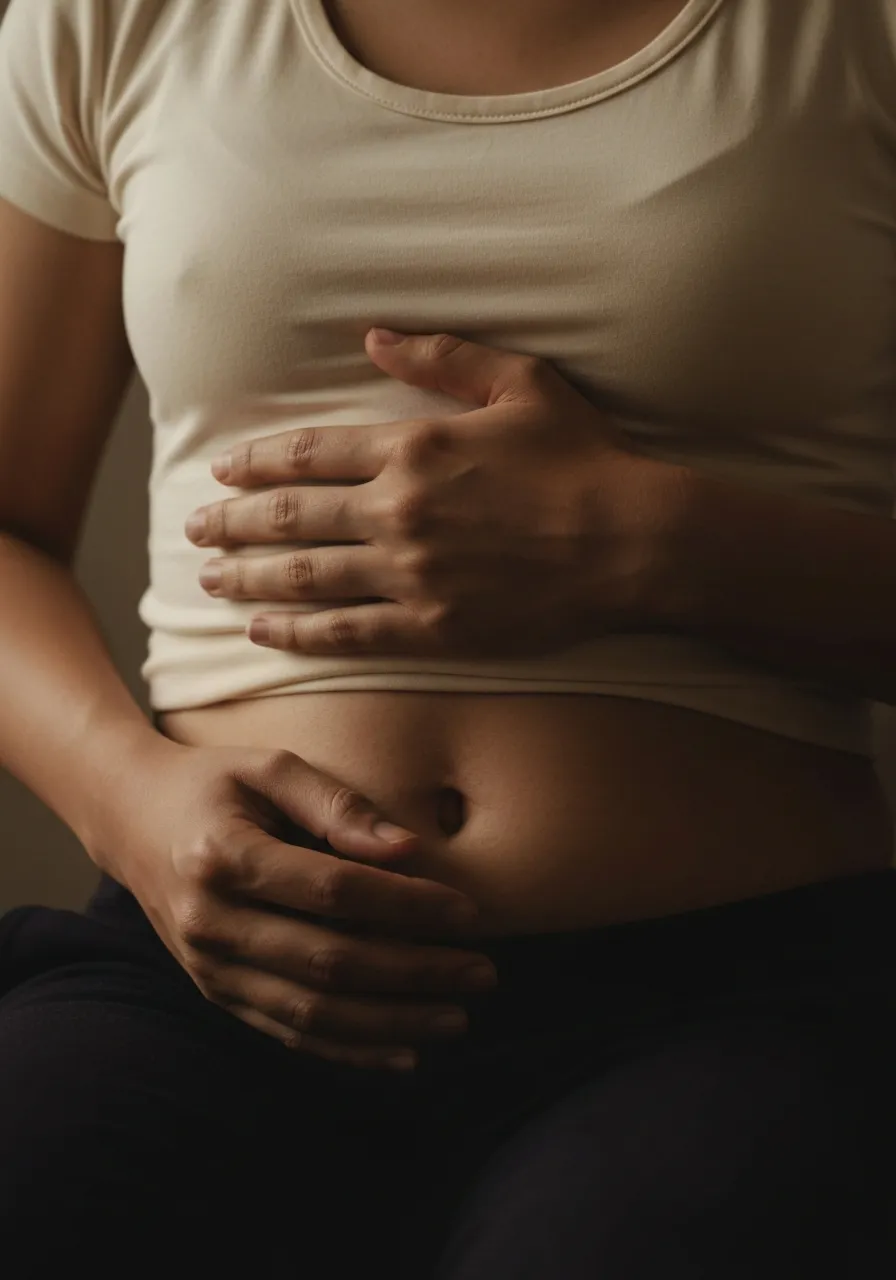 Close-up of chest breathing consciously