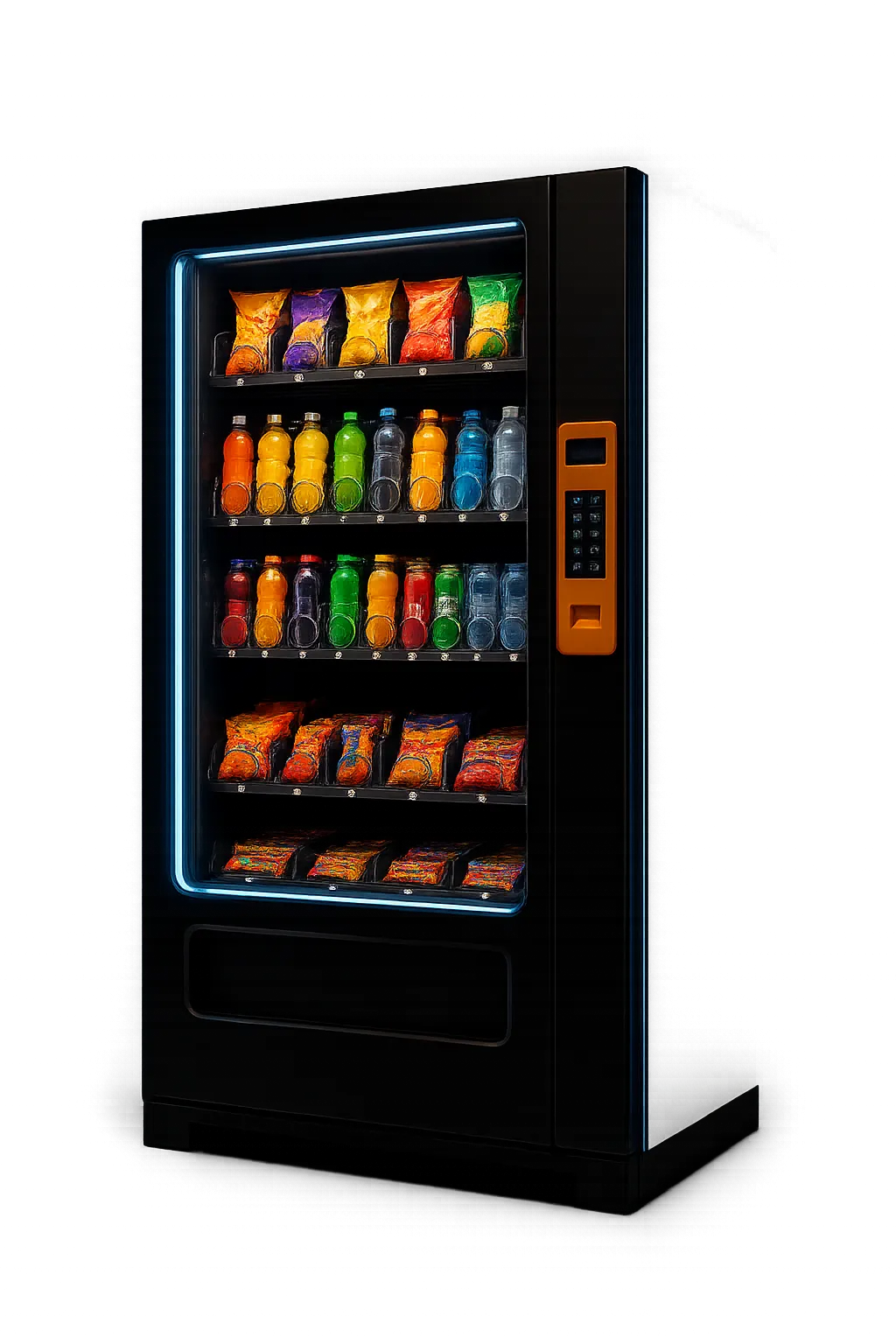 Modern Cele Snacks high-tech vending machine cutout display with vibrant illuminated drinks and healthy snack selections