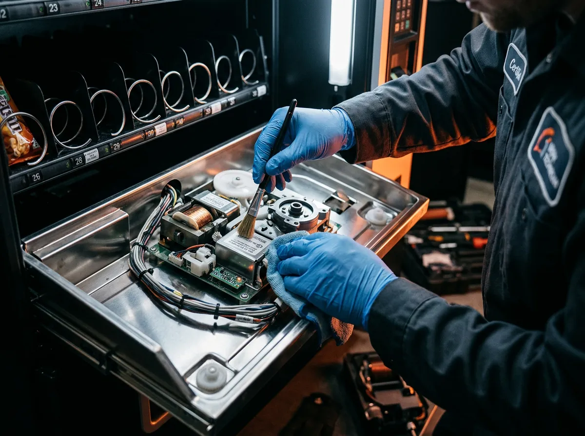 Certified technician performing diagnostic check and cleaning on vending machine hardware