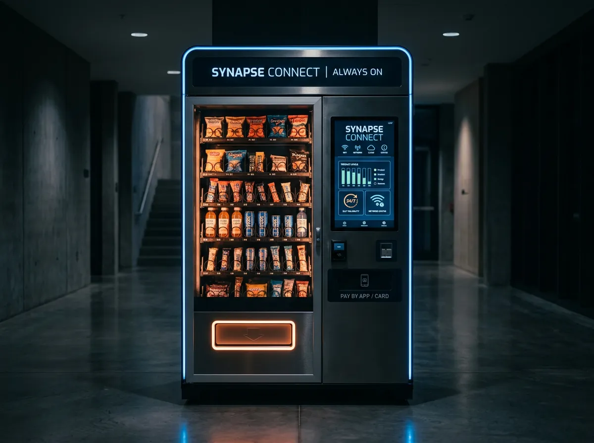 Smart vending machine with touchscreen telemetry and glowing product racks