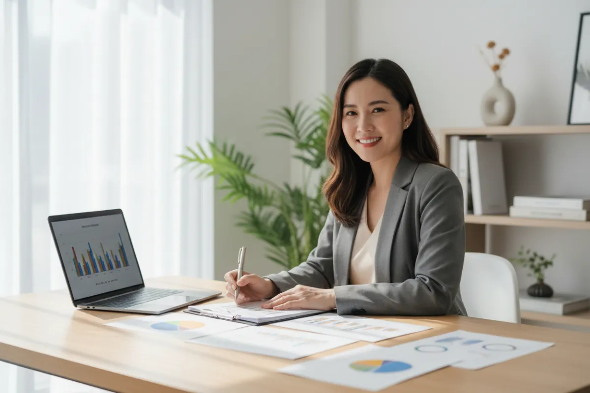 Confident small business owner reviewing financial documents in a bright, modern office, with a laptop and charts visible. The subject is a woman in her 30s, smiling, with natural light and a professional, inviting atmosphere.