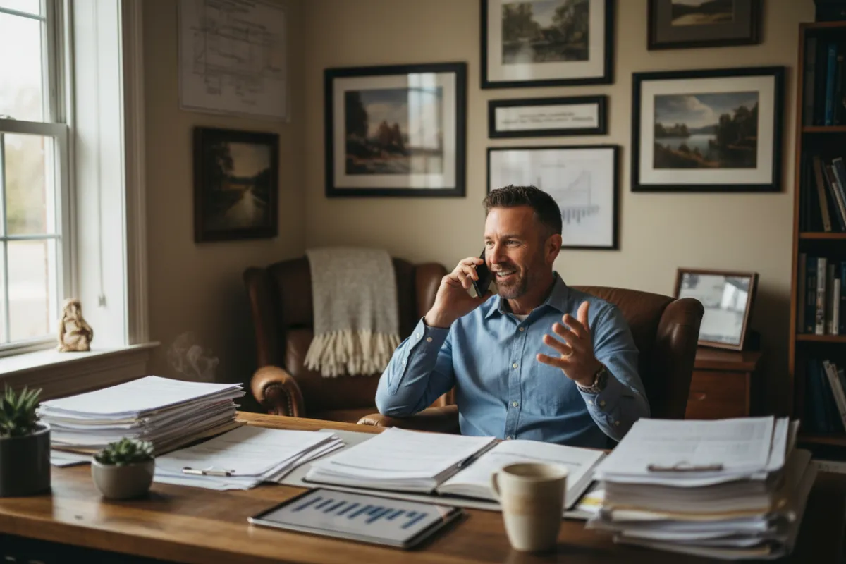 Male business owner in his 40s speaking on the phone in a cozy office, surrounded by financial documents and a cup of coffee. The setting is warm, approachable, and professional, with a focus on personal connection.