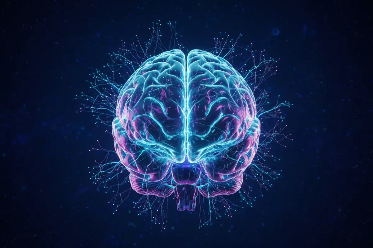 Futuristic brain illustration with glowing neurons and subtle neon halo