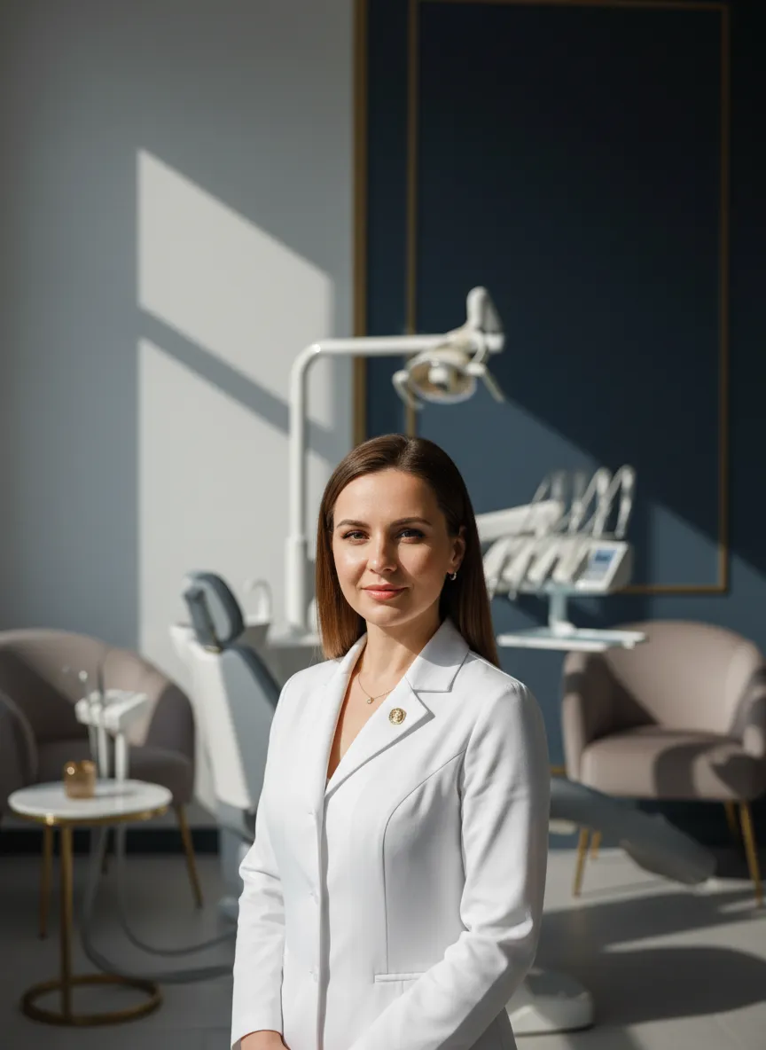 Lead dental specialist portrait in clinical editorial style
