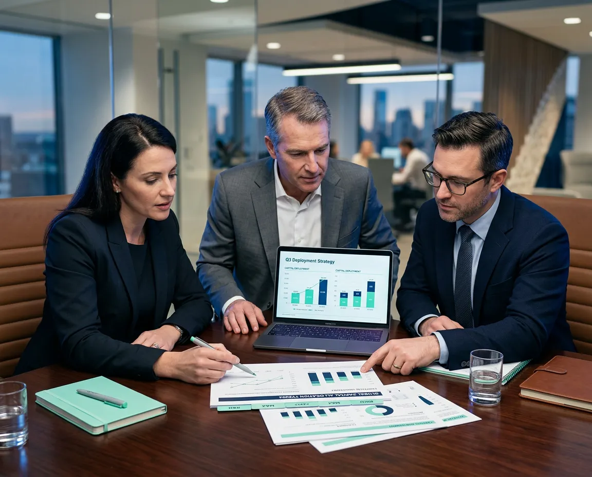 Corporate financial leadership analysing capital deployment metrics