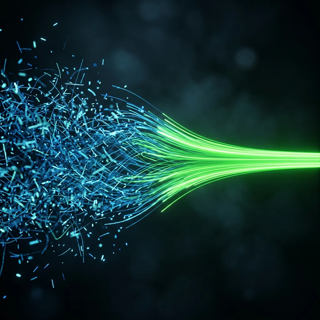 Visual 3D abstracto de ruido digital caótico y dispersión de datos frente a un flujo estructurado