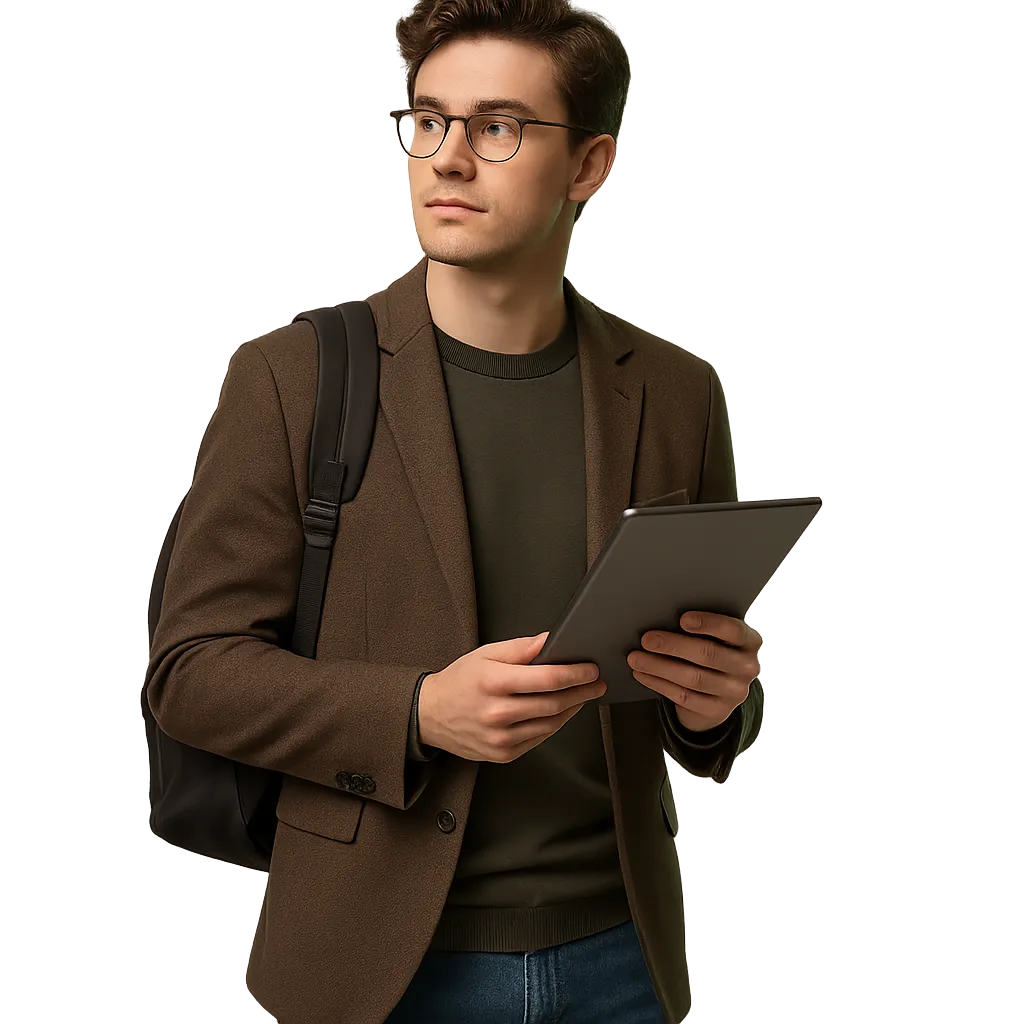 Student in modern casual wear using tablet thoughtfully