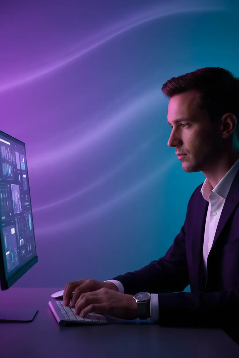 Photorealistic business person using a laptop in a modern workspace with purple and teal color grading and subtle branded props, balanced for column layout